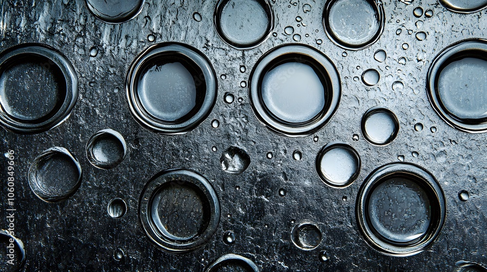 Water drops forming perfect circles on a metal surface Water drops forming perfect circles on a metal surface