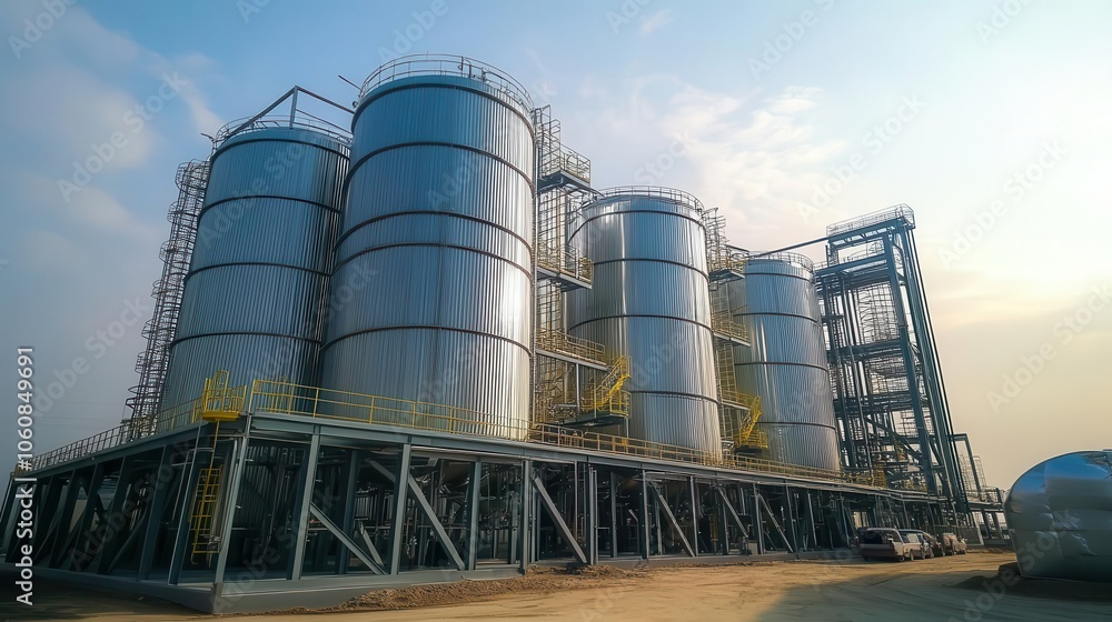 Large biofuel storage tanks, modern setup, eco-friendly fuel processing facility Large biofuel storage tanks, modern setup, eco-friendly fuel processing facility