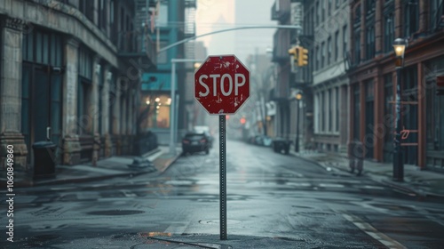 A red stop sign is situated beside a road, ideal for transportation-themed projects or roadside scenes