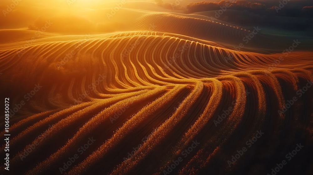 Naklejka premium Scenic aerial view of farm fields illuminated by low sunlight, neat rows creating natural patterns, deep shadows between lines of crops, warm earthy tones contrasting with fresh green,