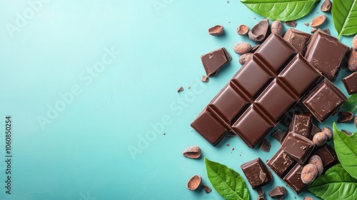 Luxurious chocolate packaging mockup on marble surface with cocoa beans and pieces for custom design