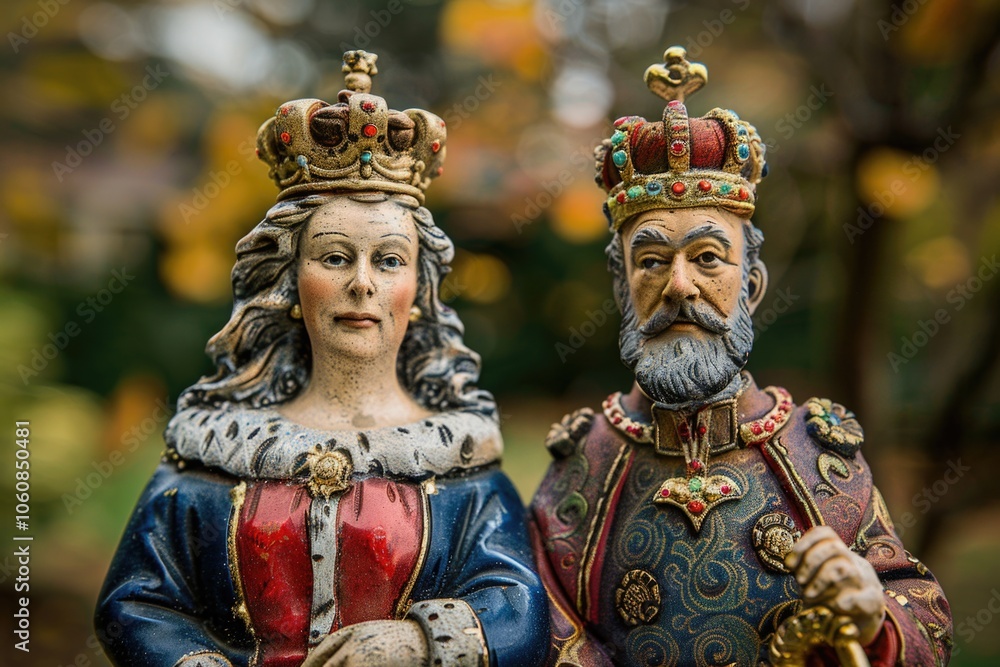 A stone statue of a man and a woman wearing crowns, ornate details A stone statue of a man and a woman wearing crowns, ornate details
