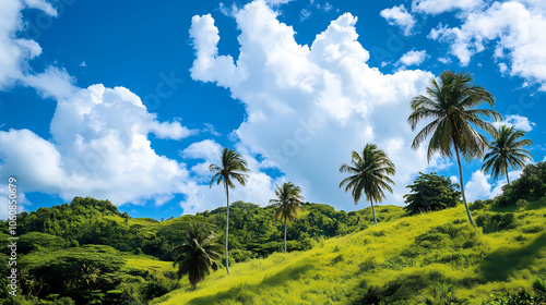 A lush hillside is blanketed with vibrant greenery, palm trees sway gently in the breeze, and a brilliant blue sky is dotted with fluffy white clouds. Lush Hillside. Illustration