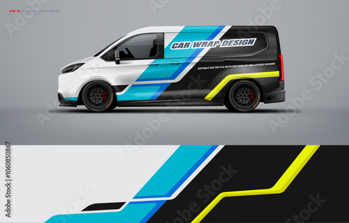 van wrap design for universal medium van, with a touch of Abstract simple racing Graphics in white, black and blue with background. Vector eps print ready printable file.