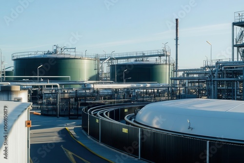 Large tanks and pipelines at gas plant, organized industrial setting, high-tech appeal