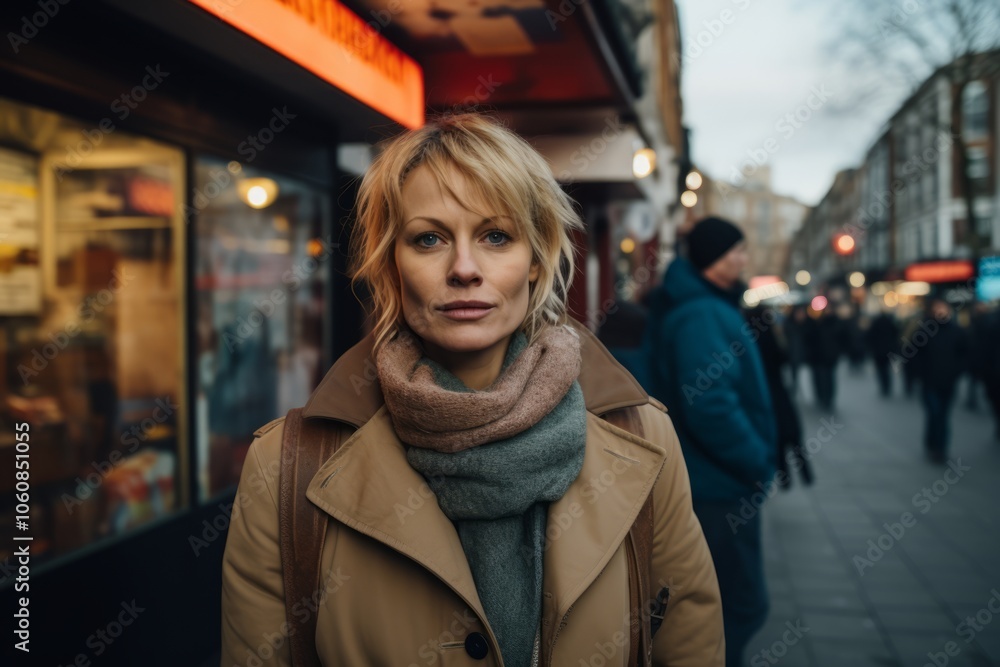 Portrait of a young beautiful blonde woman in a beige coat on the street. Portrait of a young beautiful blonde woman in a beige coat on the street.
