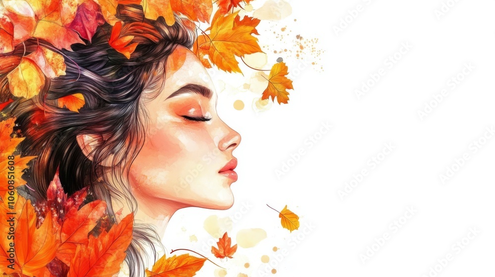 Profile of a beautiful woman with closed eyes surrounded by vibrant autumn leaves, illustrated in hyper-detailed watercolor and pencil style, isolated on a white background with copy space Profile of a beautiful woman with closed eyes surrounded by vibrant autumn leaves, illustrated in hyper-detailed watercolor and pencil style, isolated on a white background with copy space