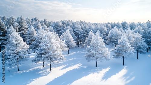 Wallpaper Mural Aerial perspective of a dense pine forest in winter, fresh snow layering each tree in a pattern of white and green, sunlight casting long shadows over the snow, serene and quiet atmosphere, Torontodigital.ca