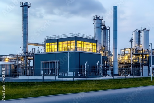 Modern fuel plant with clean architecture, high-tech design, advanced processing systems