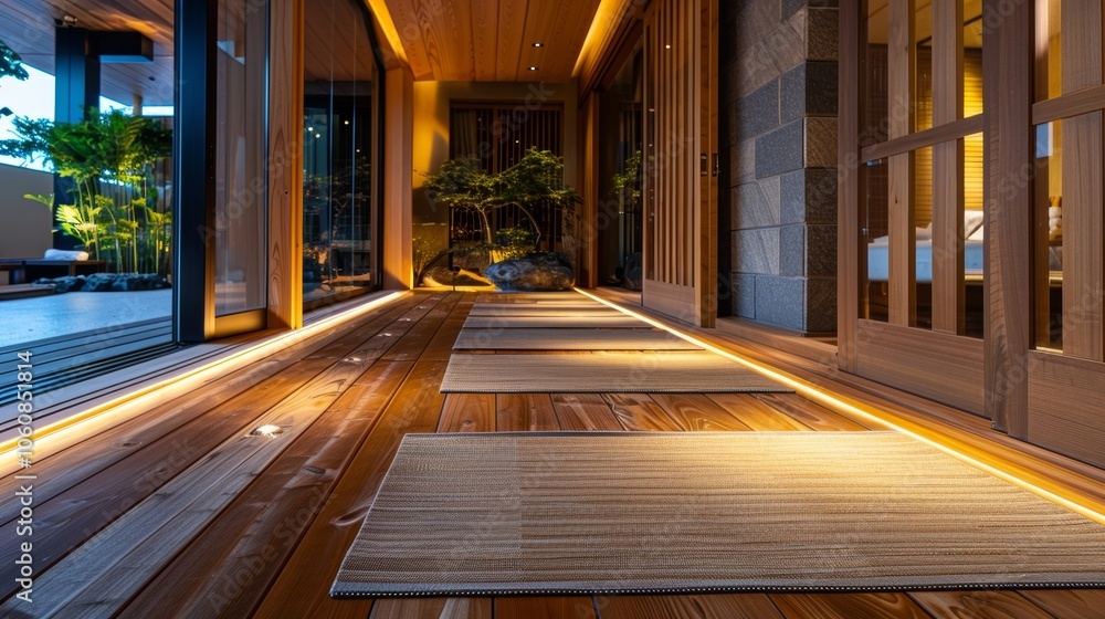Obraz premium Warm lights softly illuminate a modern japanese house, casting a cozy glow on the wooden veranda and tatami mats leading to a tranquil bedroom