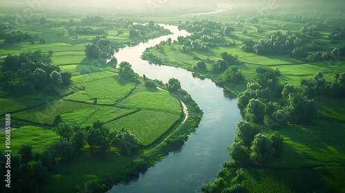 Aerial perspective of a river meandering through green fields, gentle light casting reflections on water, rows of crops adding structure, rich greens and blues, tranquil countryside,