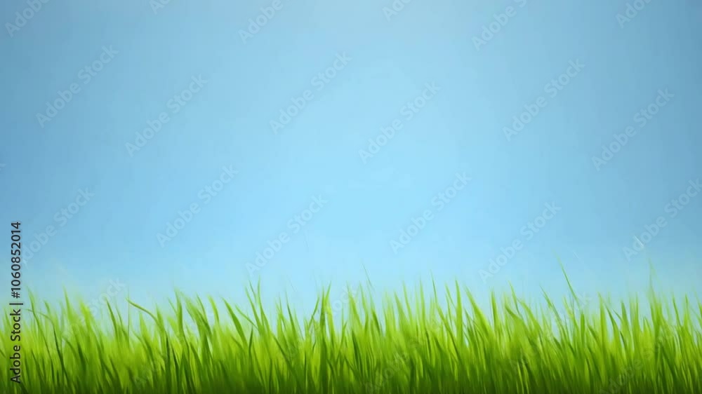 Fresh green grass in blue sky. Landscape summer green field sun sky nature. Some spikelet's moving slowly in wind. Lush wheat grows in agricultural field. Modern agriculture. Copy space Fresh green grass in blue sky. Landscape summer green field sun sky nature. Some spikelet's moving slowly in wind. Lush wheat grows in agricultural field. Modern agriculture. Copy space