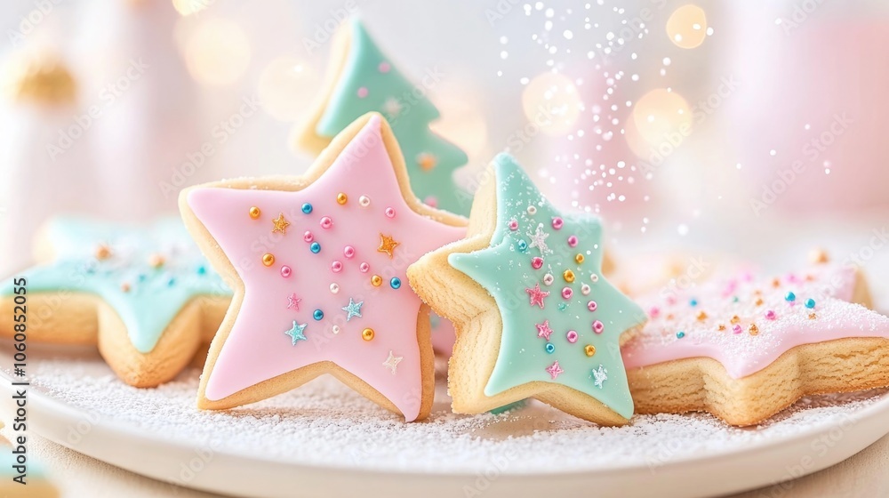 Festive christmas cookies with icing and sprinkles surrounded by powdered sugar snow Festive christmas cookies with icing and sprinkles surrounded by powdered sugar snow