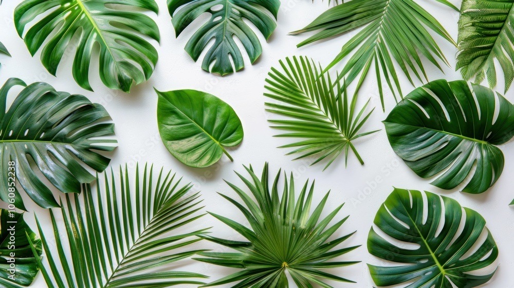 A flat lay of various green tropical leaves arranged on a white background. A flat lay of various green tropical leaves arranged on a white background.