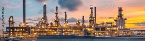 Oil refinery plant at sunset, glowing industrial lights, massive fuel complex