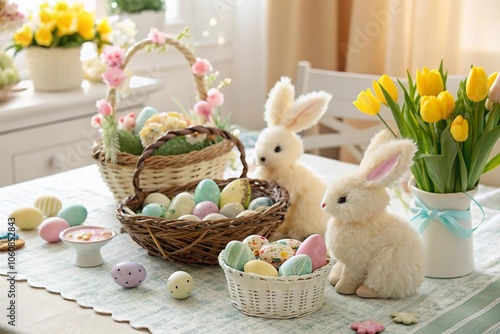 Frühlingshafte Ostertafel mit bunten Eiern und niedlichen Hasen photo