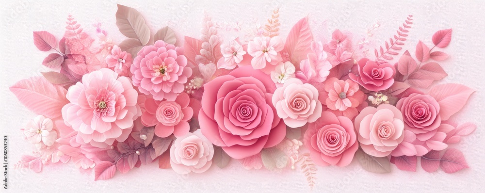 Elegant pink floral arrangement with roses and delicate leaves on soft background Elegant pink floral arrangement with roses and delicate leaves on soft background