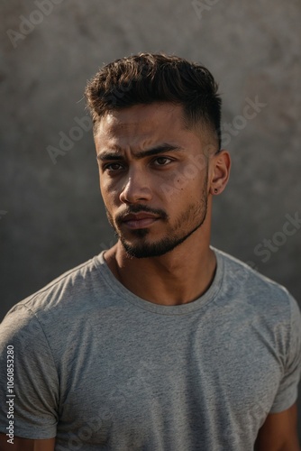 Close-up portrait of a young mixed-race man in a grey t-shirt with a focused expression against a textured background