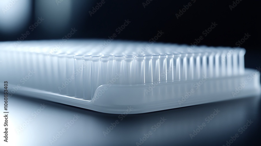 A row of disposable pipette tips in a white holder, captured from a low angle, lab background softly blurred, clean lighting emphasizing the precision and sterility of the equipment --ar 16:9 A row of disposable pipette tips in a white holder, captured from a low angle, lab background softly blurred, clean lighting emphasizing the precision and sterility of the equipment --ar 16:9