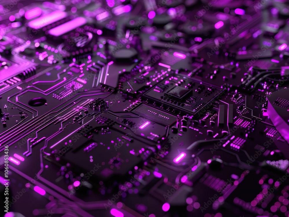 Obraz premium High-tech electronic board with glowing purple components.