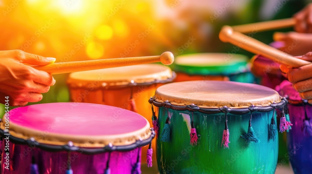 Fototapeta premium Vibrant traditional hispanic musical celebration with colorful drums in action