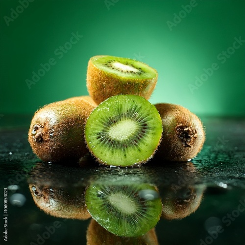 close up of sliced kiwi fruit on wet floor and green background macro of fresh kiwi and sliced kiwi with water wave photo