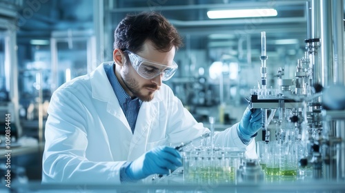 Scientist in lab coat analyzing biofuel samples, advanced processing technology, clean laboratory setup