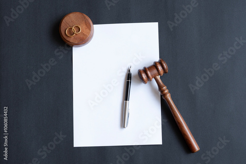 Wallpaper Mural Divorce decree or marriage contract. Judge gavel with wedding rings and divorce decree. Marital agreement, legalities of divorce documents Torontodigital.ca