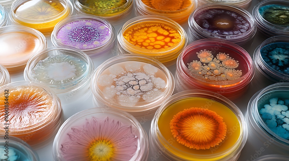 Naklejka premium Array of petri dishes with different colored growths, laid out on a sterile lab surface, intricate patterns and textures in each dish,