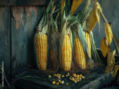 Several ears of yellow corn on the cob. A representation of agricultural produce and harvest time. photo