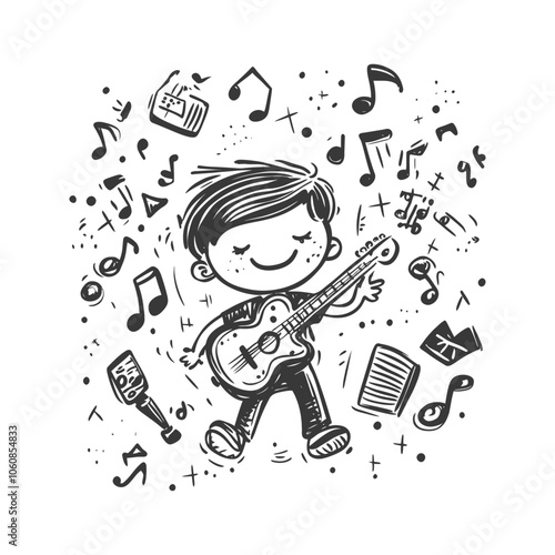 A Boy Playing Guitar Surrounded by Music Notes