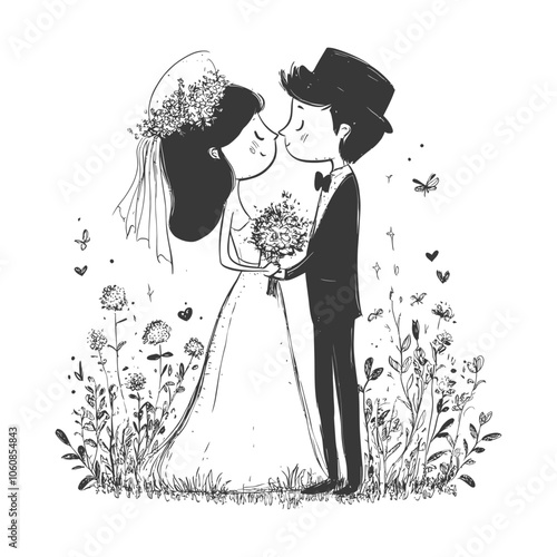 A Bride and Groom Kissing in a Field of Flowers