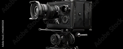 Detailed vector illustration of a vintage cinema camera on a black background. Film, photography, and technology.