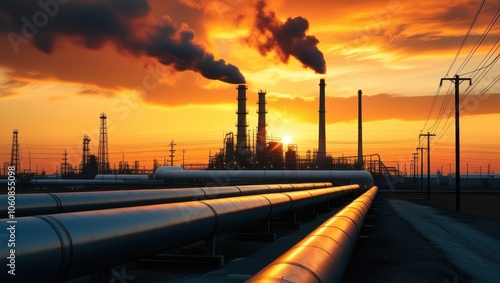 Industrial landscape, oil refinery, sunset, golden hour, pipeline, dramatic sky, silhouette, symmetry, vanishing point, energy infrastructure, cloudy horizon, vibrant colors, orange glow, metal struct