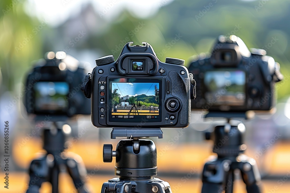 A DSLR Camera Mounted on a Tripod Capturing a Scene A DSLR Camera Mounted on a Tripod Capturing a Scene