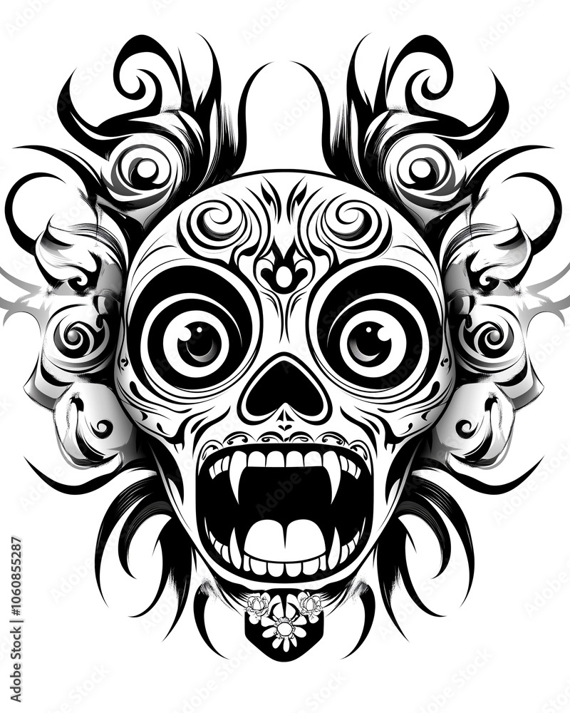 A skull with a mouth open and teeth showing. The skull has a black and white color scheme A skull with a mouth open and teeth showing. The skull has a black and white color scheme