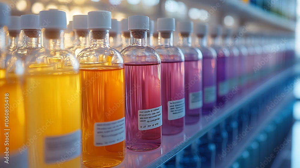 Artistic photograph of colorful reagent bottles lined up with labels, with each liquid creating a smooth color gradient under soft, even lighting, Artistic photograph of colorful reagent bottles lined up with labels, with each liquid creating a smooth color gradient under soft, even lighting,