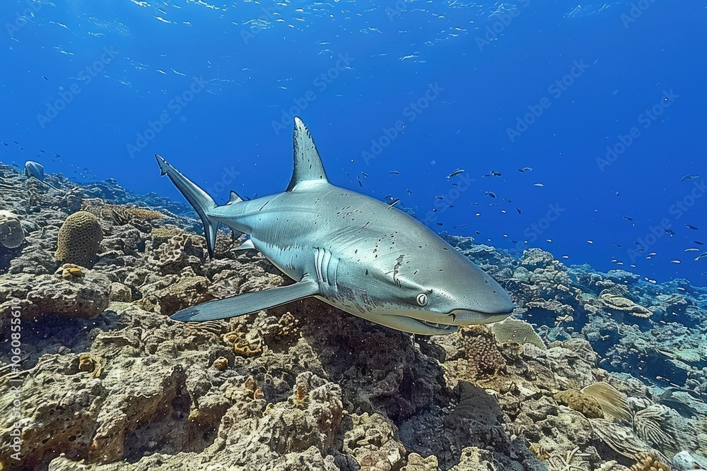 A Grey Reef Shark Over Coral Reef in the Ocean A Grey Reef Shark Over Coral Reef in the Ocean