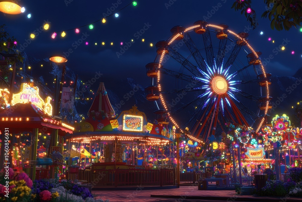 A carnival scene with colorful rides, games, and a Ferris wheel lit up with bright lights. A carnival scene with colorful rides, games, and a Ferris wheel lit up with bright lights.