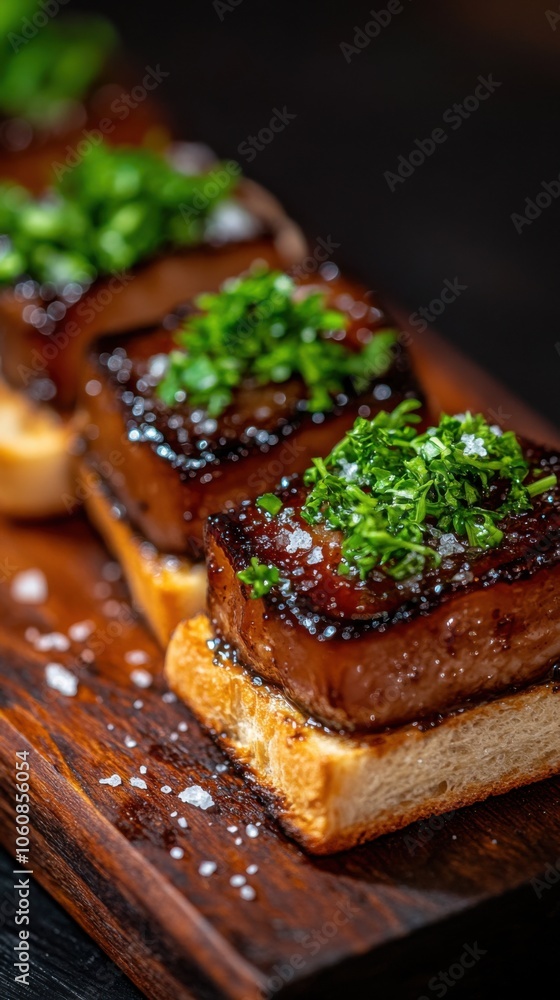 Gourmet presentation of foie gras on toasted baguette with fresh herbs Gourmet presentation of foie gras on toasted baguette with fresh herbs