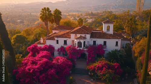 A white Spanish-style villa with terracotta roof, surrounded by lush foliage and blooming bougainvillea, sits nestled against a mountain backdrop.