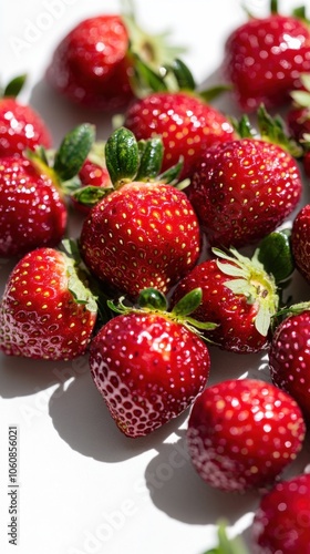 Delicious glazed strawberry tart on white background flat lay