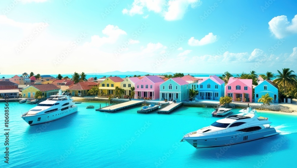 Tropical paradise, colorful Caribbean houses, vibrant pastel buildings, turquoise water, luxury yacht, sunny day, clear blue sky, white puffy clouds, idyllic coastal town, Nassau Bahamas, photorealist Tropical paradise, colorful Caribbean houses, vibrant pastel buildings, turquoise water, luxury yacht, sunny day, clear blue sky, white puffy clouds, idyllic coastal town, Nassau Bahamas, photorealist