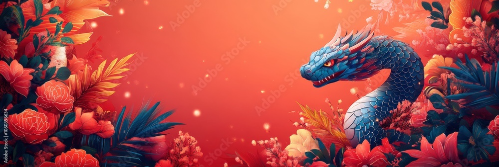 A banner of Chinese new year decoration by colorful illustration snake red lantern, colorful elements. copy space A banner of Chinese new year decoration by colorful illustration snake red lantern, colorful elements. copy space