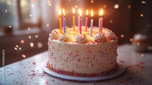 festive birthday cake adorned with colorful lit candles surrounded by shimmering confetti on a soft white backdrop evoking joy and celebration