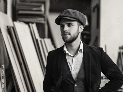 Man wearing a black hat and a black jacket stands in front of a stack of wood. He has a beard and a mustache