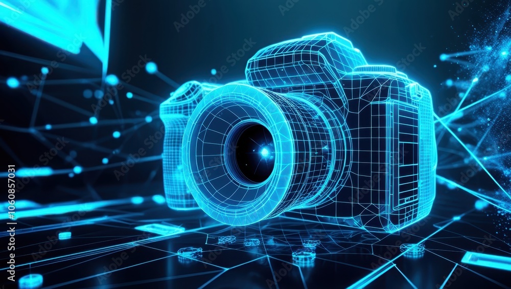 Digital camera outline, neon blue glow, technological grid background, futuristic, holographic, wireframe, glowing circuits, high-tech photography concept, cyber aesthetic, digital art, 3D rendering, Digital camera outline, neon blue glow, technological grid background, futuristic, holographic, wireframe, glowing circuits, high-tech photography concept, cyber aesthetic, digital art, 3D rendering,