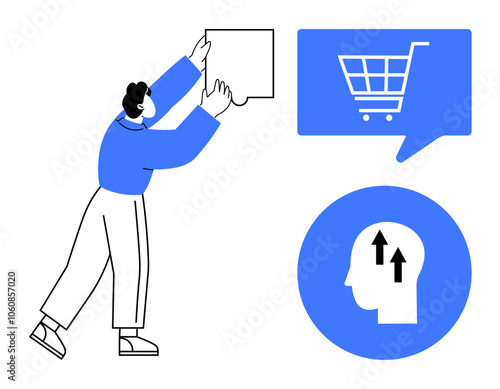 Person adjusting a square while blue icons display shopping cart and head with upward arrows. Ideal for e-commerce, innovation, growth, user engagement, strategic planning, online shopping