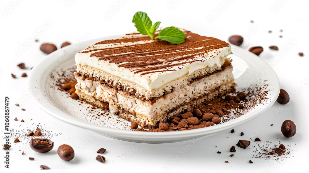 Tiramisu Dessert: Composition with a plate of tasty tiramisu on a white background, showcasing a delicious dessert. Tiramisu Dessert: Composition with a plate of tasty tiramisu on a white background, showcasing a delicious dessert.