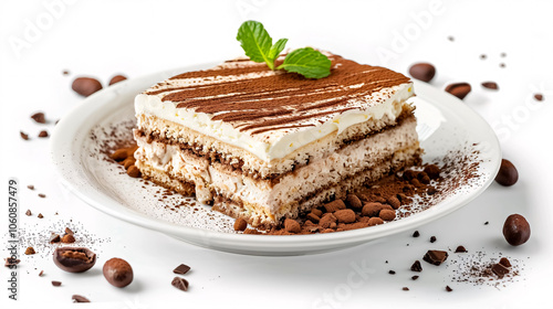 Tiramisu Dessert: Composition with a plate of tasty tiramisu on a white background, showcasing a delicious dessert.